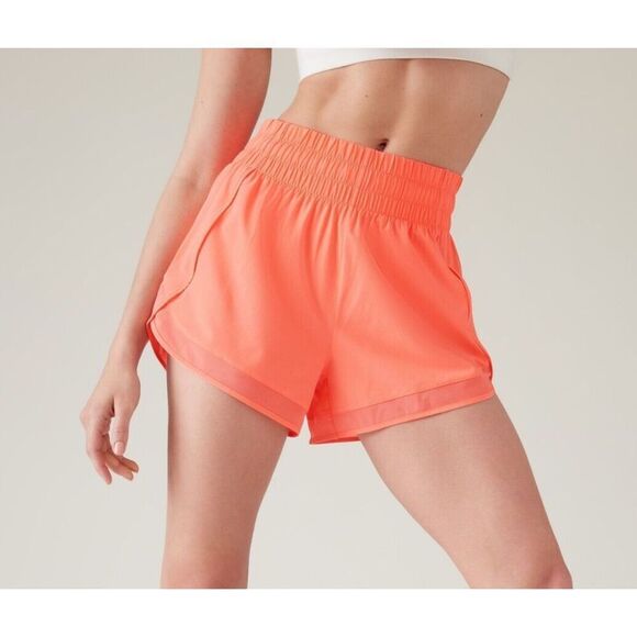 Athleta 988238052 Women's Sz 2XS Coral/Orange High Rise Mesh Racer Run 3” Shorts - Picture 11 of 11
